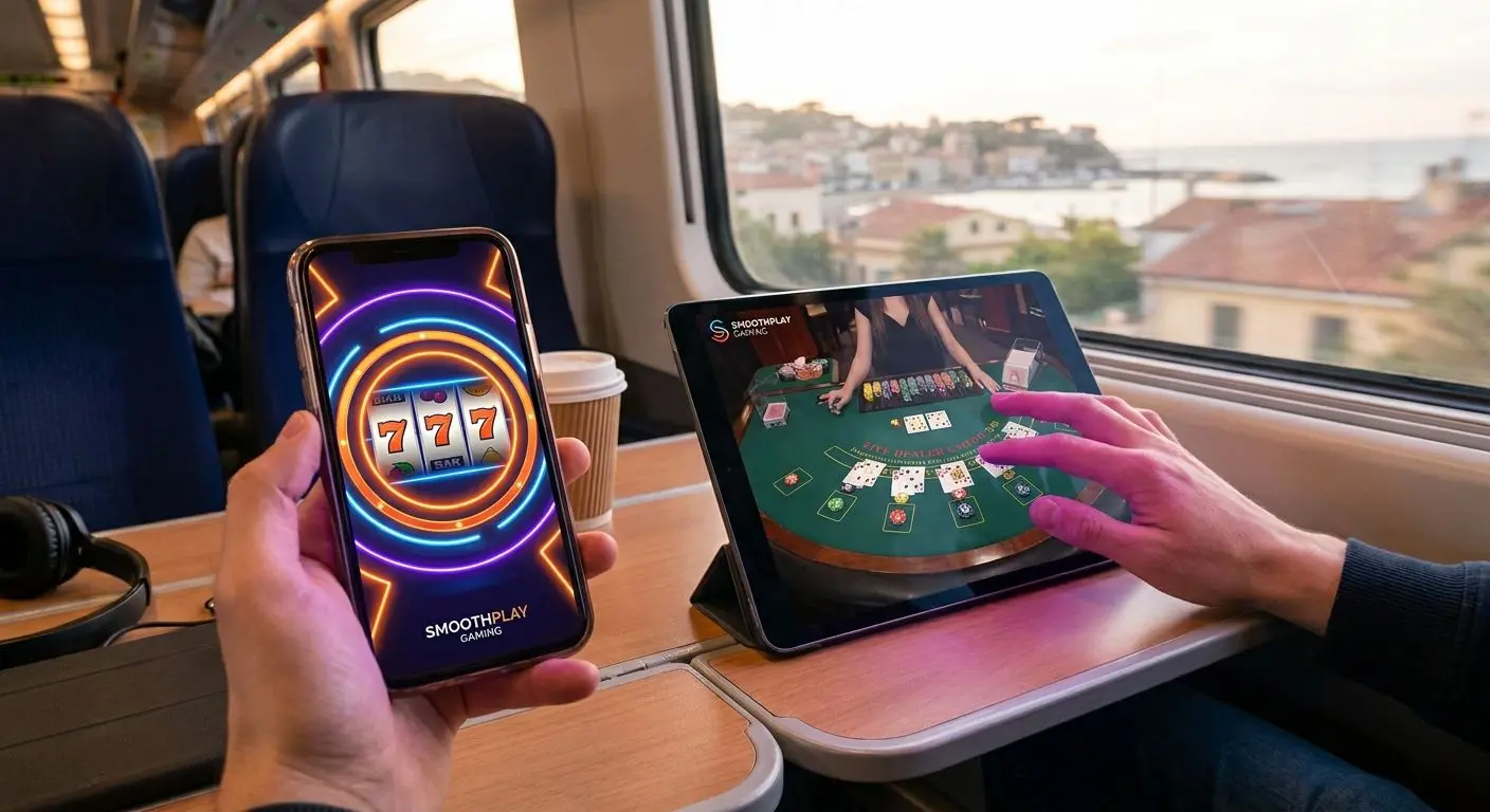 Mobile PlayOJO Experience PlayOJO mobile interface shown on smartphone and tablet for players on the go